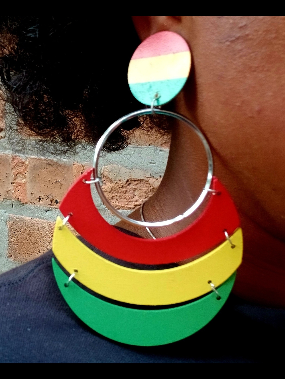 Color-Block Red Yellow Green Hoop Drop Earrings